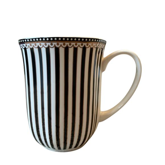 Grace Teaware Porcelain Coffee Mug Set of 2 Black & White Stripe Gold Accent New - Picture 3 of 16